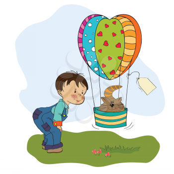 little boy and his flying cat, illustration in vector format