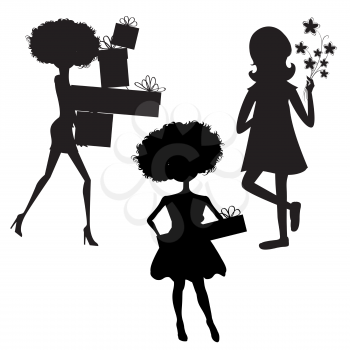 set of three girls silhouettes at birthday party isolated on white background, vector illustration