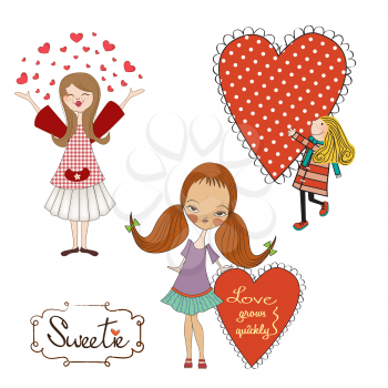 Set of three girls in love isolated on white background, vector illustration