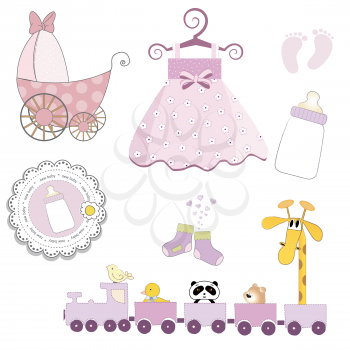 baby girl items set isolated on white background, vector illustration