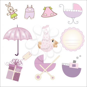 new baby gil items set isolated on white background, vector illustration
