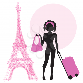  young  woman with suitcase in Paris, illustration in vector format