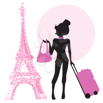  young  woman with suitcase in Paris, illustration in vector format