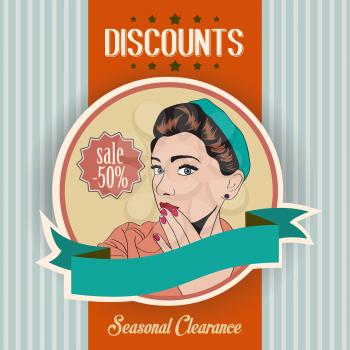 retro illustration of a beautiful woman and discounts message, vector illustration