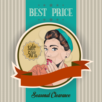 retro illustration of a beautiful woman and best price message, vector format