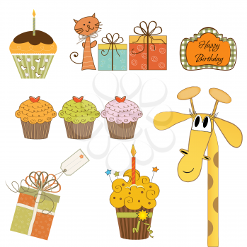 set of cupcake and other bithday items isolated on white background, vector illustration