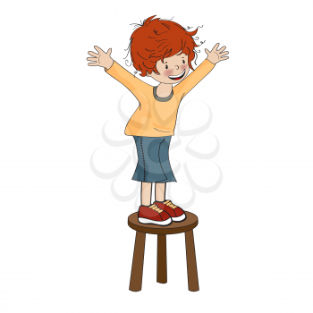 funny little boy perched on chair, vector illustration