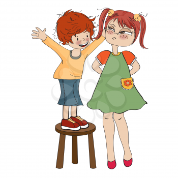 small boy perched on a chair with funny girl, vector illustration
