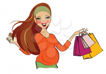 happy pregnant woman at shopping, isolated on white background, vector illustration