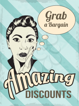 retro illustration of a beautiful woman and amazing discounts message, vector format
