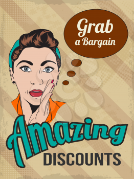 retro illustration of a beautiful woman and amazing discounts message, vector format