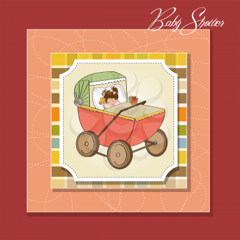 baby girl shower card with retro strolller, vector illustration