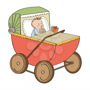baby boy in retro stroller isolated on white background, vector illustration