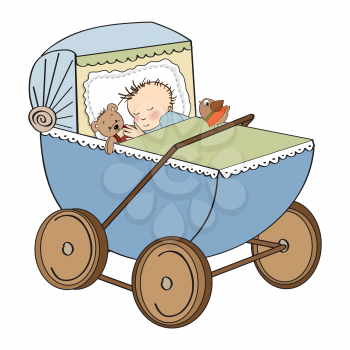 baby boy in retro stroller isolated on white background, vector illustration