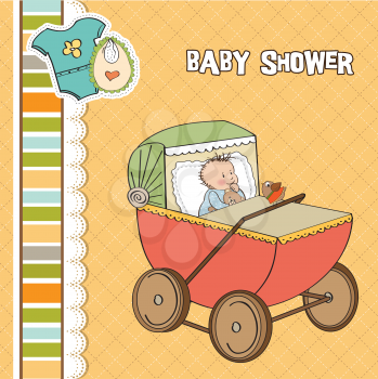 baby boy shower card with retro strolller, vector illustration