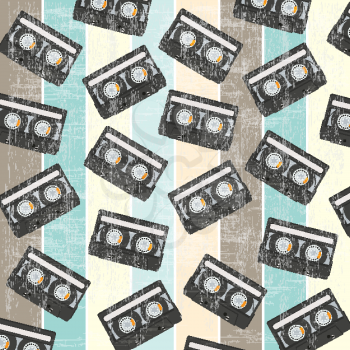 seamless background with vintage analogue music recordable cassettes, vector illustration