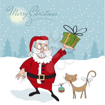 Santa Claus with gift, comic illustration  in vector format