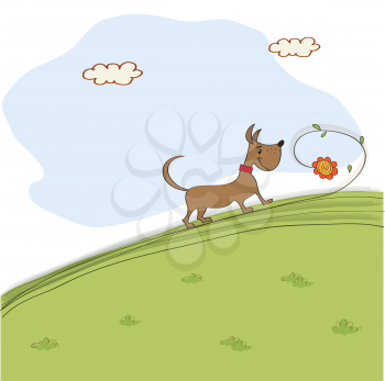 cute dog who smells a flower on meadow, vector illustration