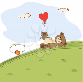 teddy bear with heart on meadow, vector illustration