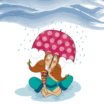 barefoot young girl sit down in the rain, vector illustration