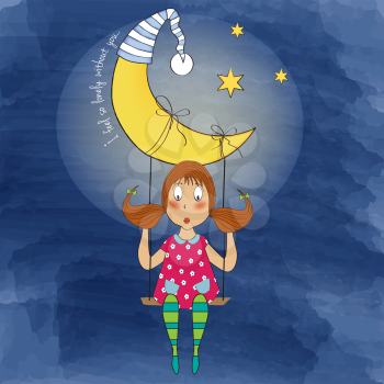 nostalgic young girl swinging in a swing hanging from the moon, vector format