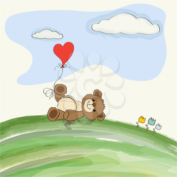 cute doodle teddy bear with heart on meadow, vector illustration