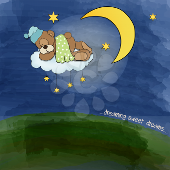 baby teddy bear sleeping on cloud, vector illustration