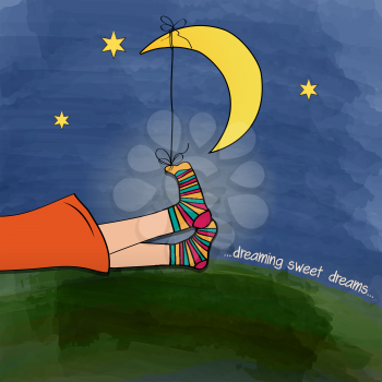 funny  feet on green grass at night, vector illustration