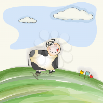 cute doodle cow on meadow, vector illustration