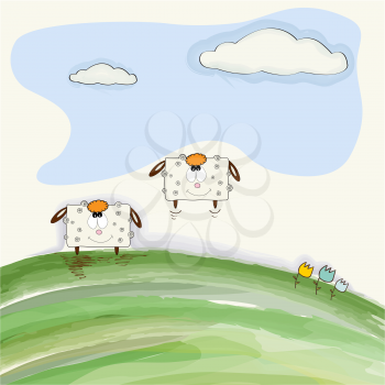 funny doodle sheep  bounce on meadow, vector illustration