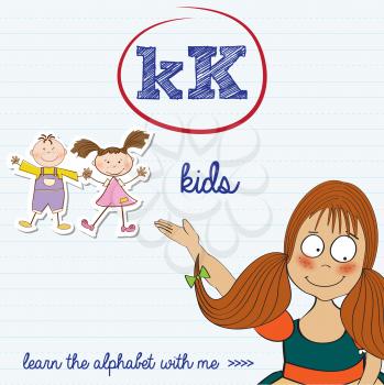 alphabet worksheet of the letter k, vector illustration