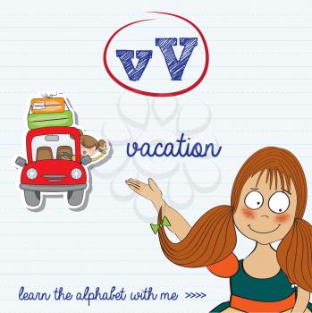 alphabet worksheet of the letter v, vector illustration