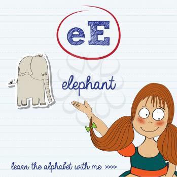 alphabet worksheet of the letter e, vector illustration