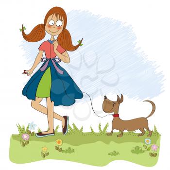 Girl walking her little dog, vector illlustration