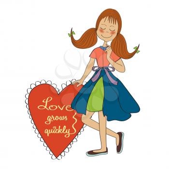 Girl in love holding a heart, vector illustration