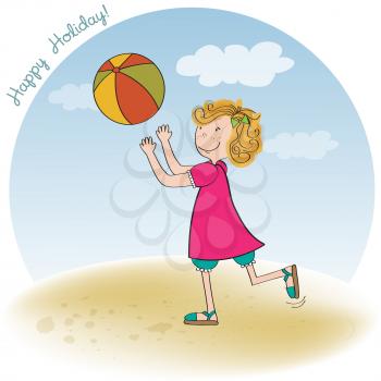 girl playing ball on the beach, vector illustration