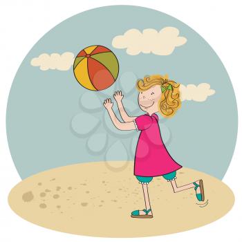  girl playing ball on the beach, vector illustration