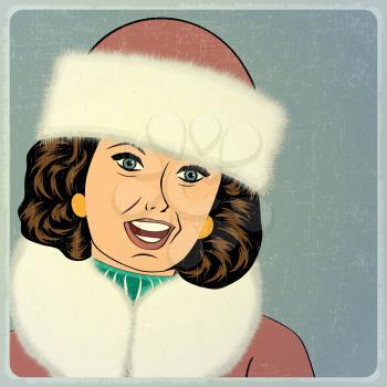 elegant young and happy woman in winter, retro Christmas card, vector illustration
