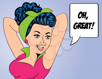cute retro woman in comics style with message, vector illustration