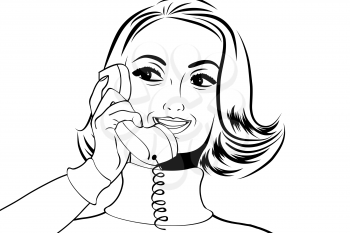 pop art retro woman in comics style talking on the phone, vector illustration
