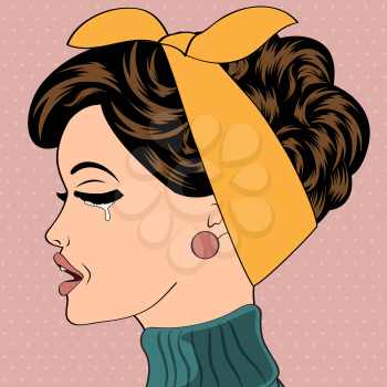 sad pop art cute retro woman in comics style, vector illustration