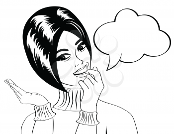 pop art cute retro woman in comics style in black and white, vector illustration