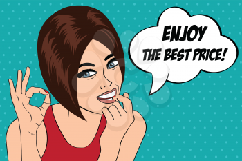 pop art cute retro woman in comics style with message  enjoy the best price , vector illustration
