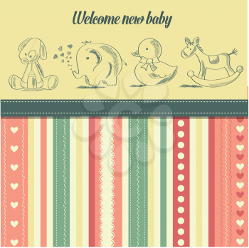 new baby  announcement card with retro toys, vector illustration
