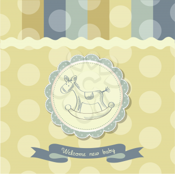 retro baby shower card with rocking horse, vector illustration