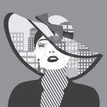 Vector double exposure illustration. Sexy woman with city in her hat