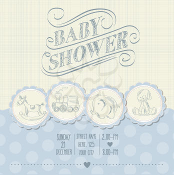 baby boy shower card with retro toys, vector illustration