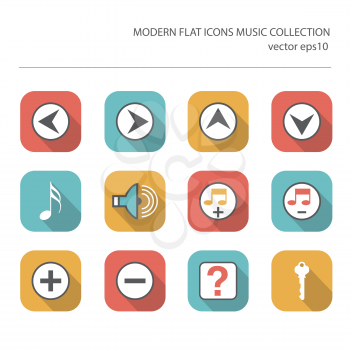 Modern flat icons vector collection with long shadow effect in stylish colors of  music items. Isolated on white background.