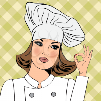 Sexy chef woman in uniform  gesturing ok sign with her hand, vector format