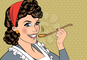 pop art retro woman with apron tasting her food. vector illustration